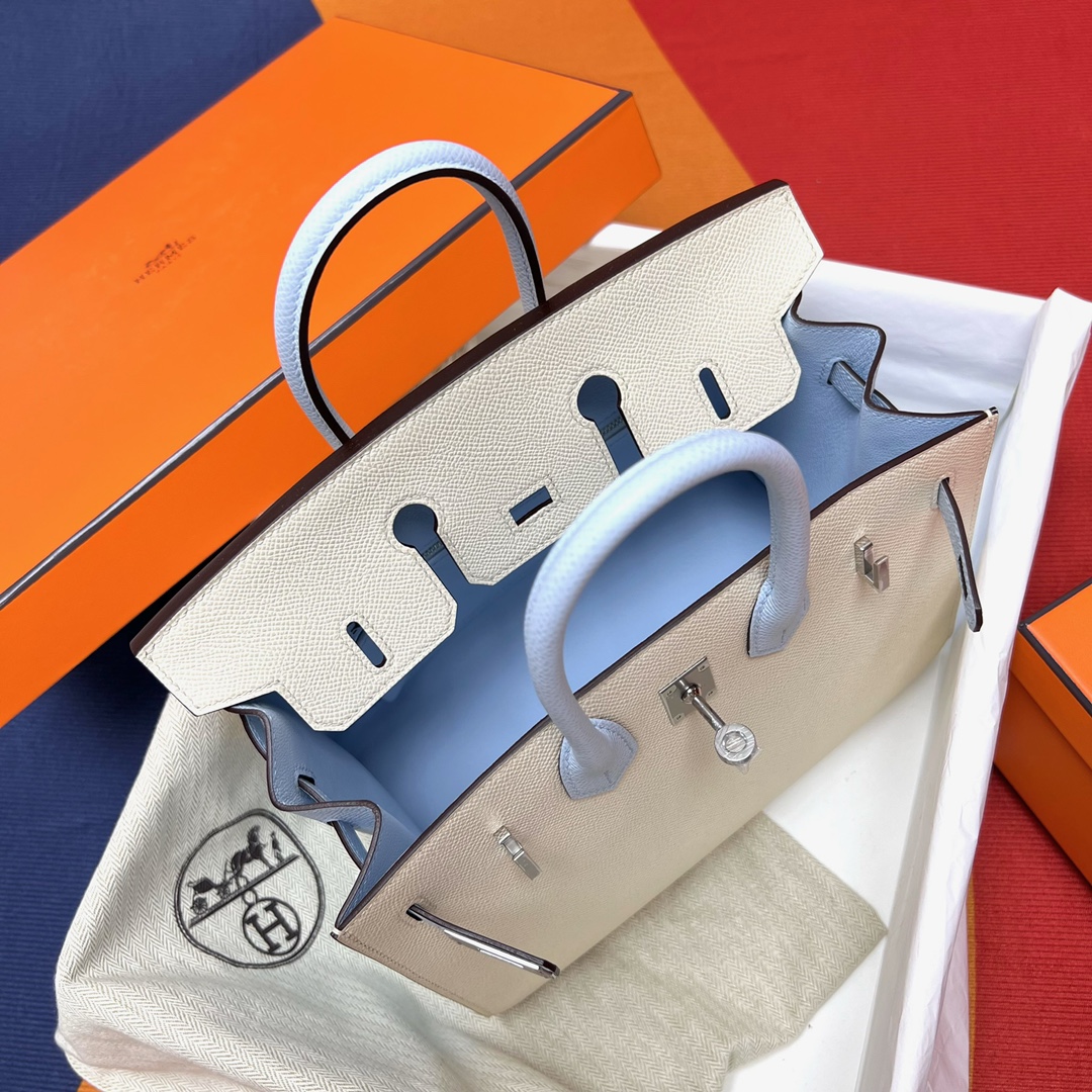 에르메스 버킨백25 화이트 포그블루 은장 앱송